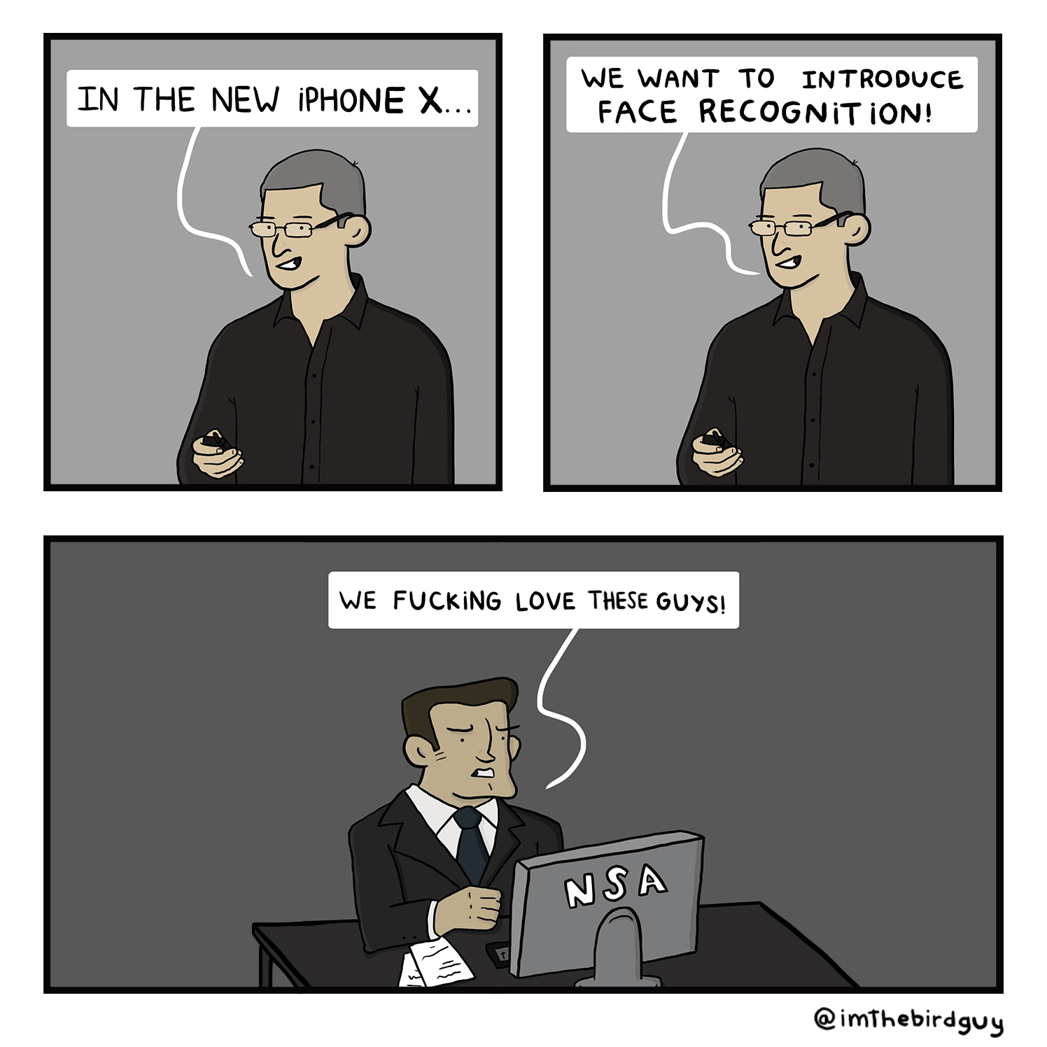 Webcomic about how the NSA loves iPhoneX with it's face recognition technology.
