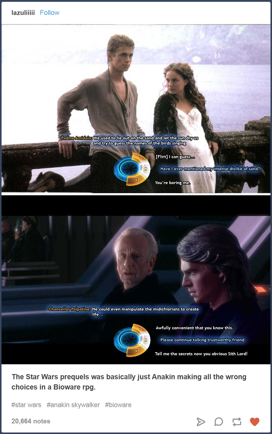 Funny meme pointing out that the first few episodes of Star Wars is just Anakin making bad choices in a role playing game.