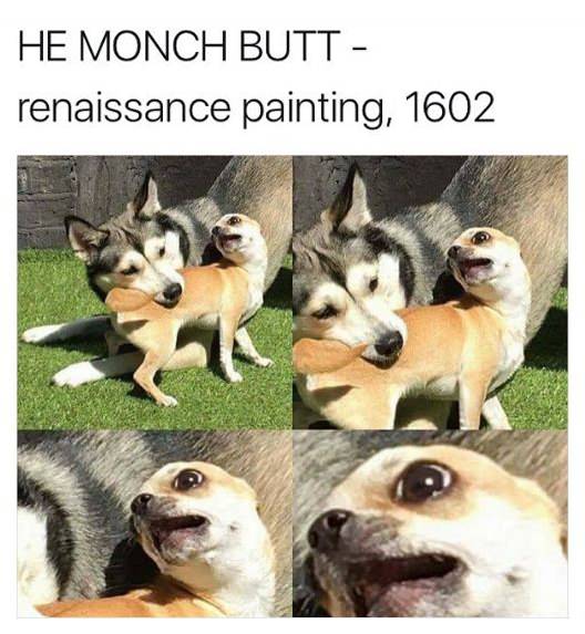 Funny pic of a dog biting another dog in the butt made into a Renaissance style painting meme.