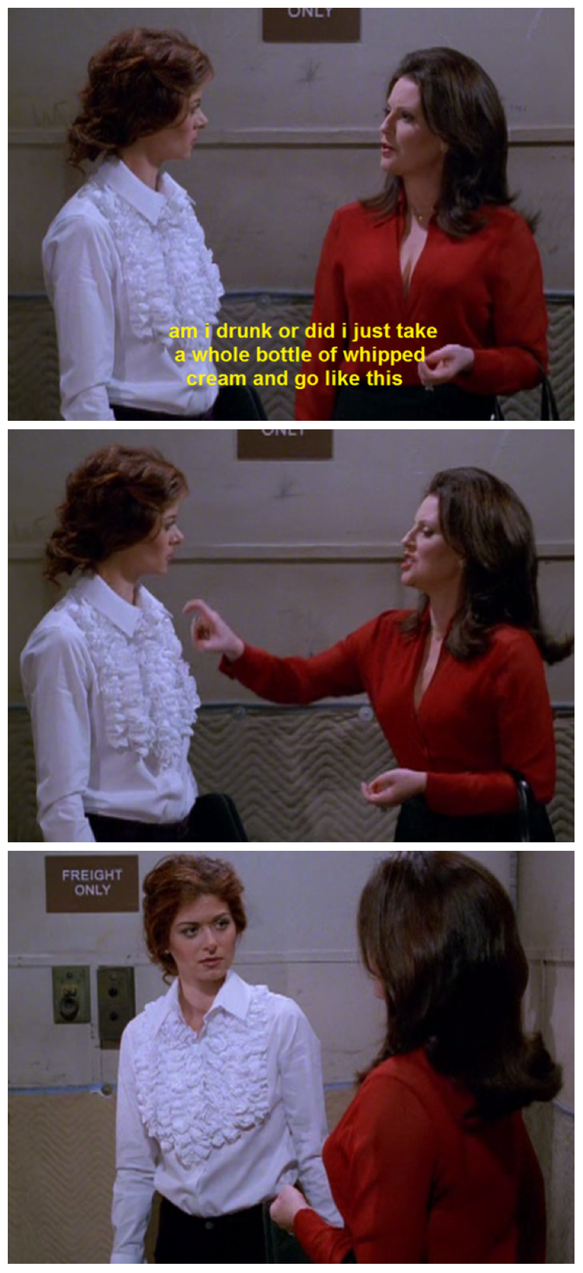 Funny Will and Grace meme about that puffy shirt that looks like it is covered in whipped cream