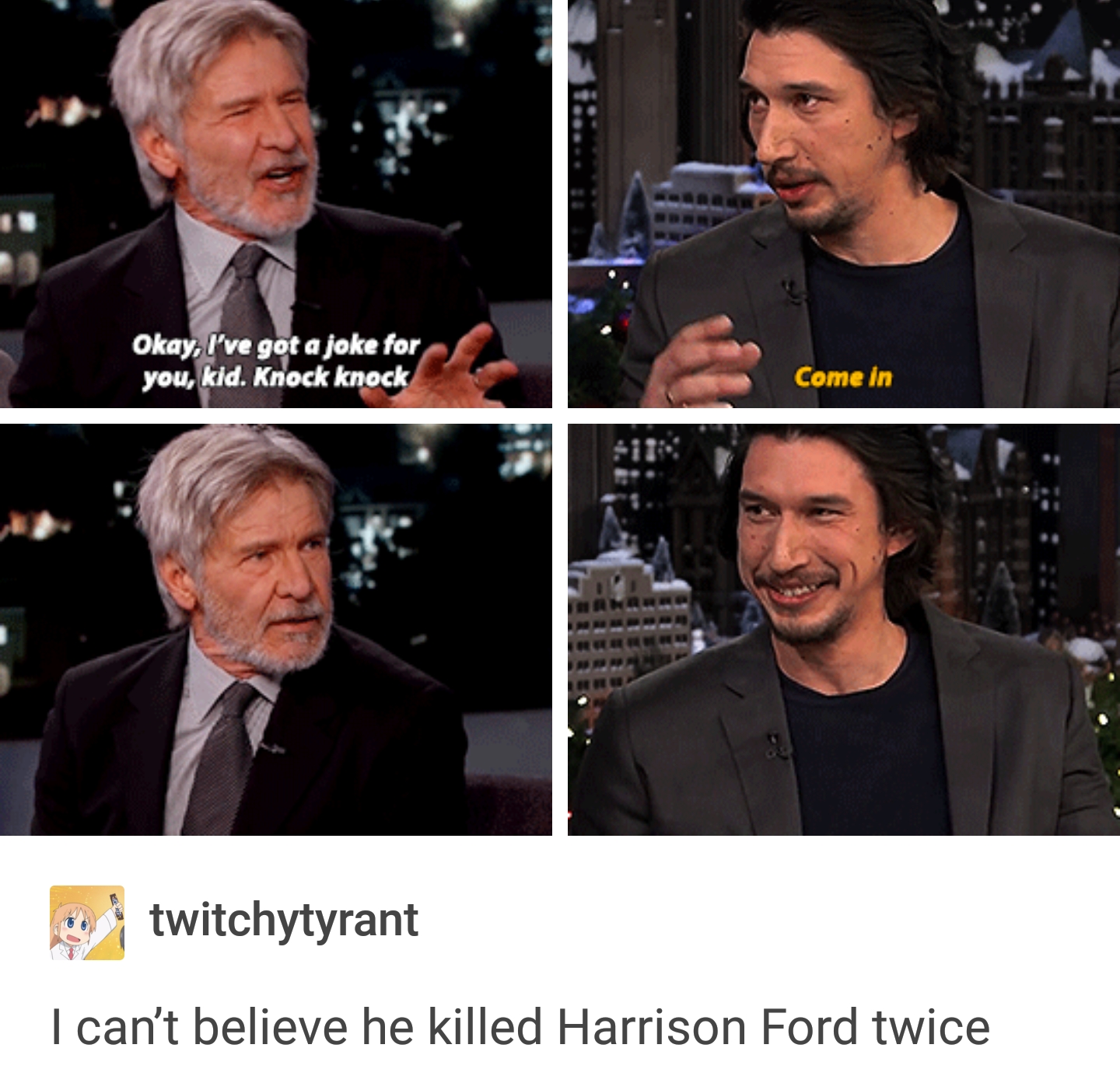 Harrison Ford and Adam Driver on a talk show making Knock Knock jokes