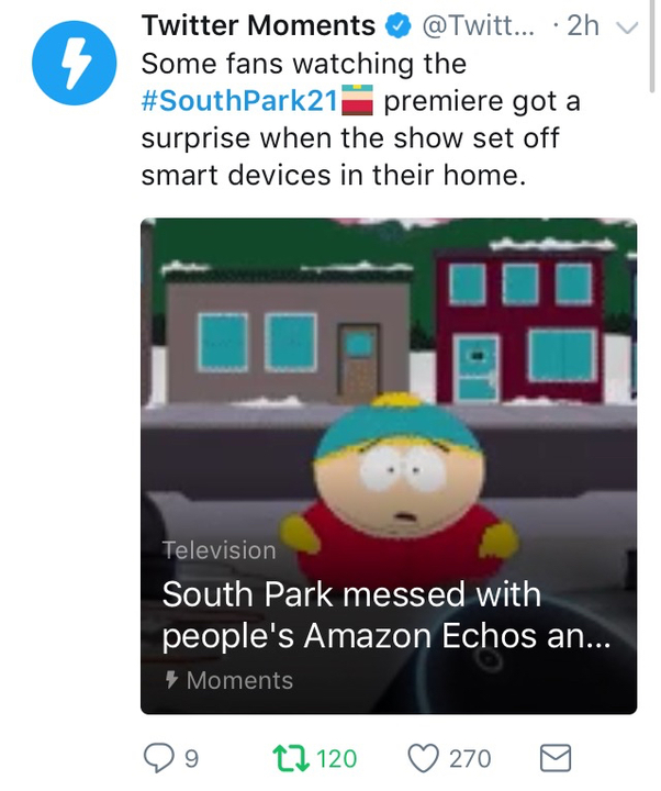 Tweet meme about that time South Park started messing up everyone's devices.