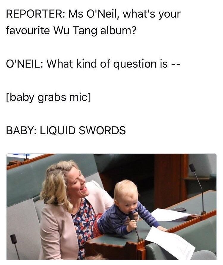Funny meme of Baby at the mic in court answering about the favorite Wu Tang Album