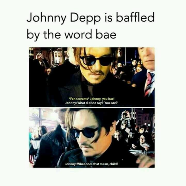 johnny depp bae meme - Johnny Depp is baffled by the word bae "Fan screams Johnny, you bael Johnny What did she say? You bae? Johnny What does that mean, child?