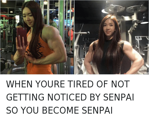 Funny picture of not getting noticed by Senpai with girl that is extremely swole and buff from working out with selfies from the gym