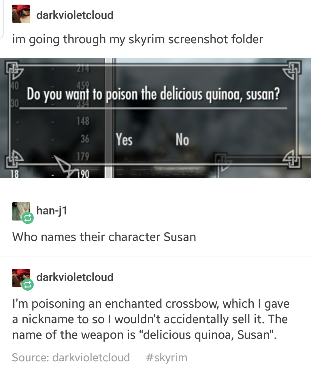 Funny exchange online of someone who renamed their enchanted crossbow to delicious quinoa, Susan