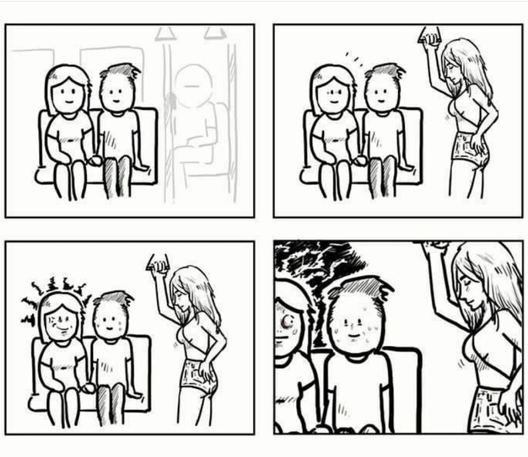 4-panel web comic of boyfriend sitting with you on public transportation and hot girl is standing opposite him with boobs right in his face