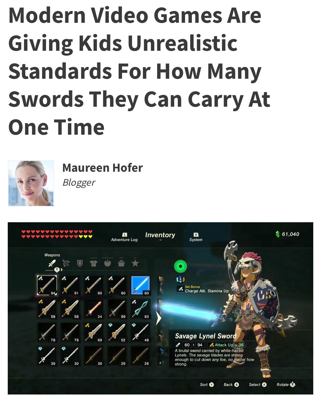 unrealistic swords - Modern Video Games Are Giving Kids Unrealistic Standards For How Many Swords They Can Carry At One Time Maureen Hofer Blogger Vvvvv Inventory R 61,040 Adventure Log System Weapons Set Bonus Charge Atk. Stamina Up 94, 60 60 R 58 99 78 