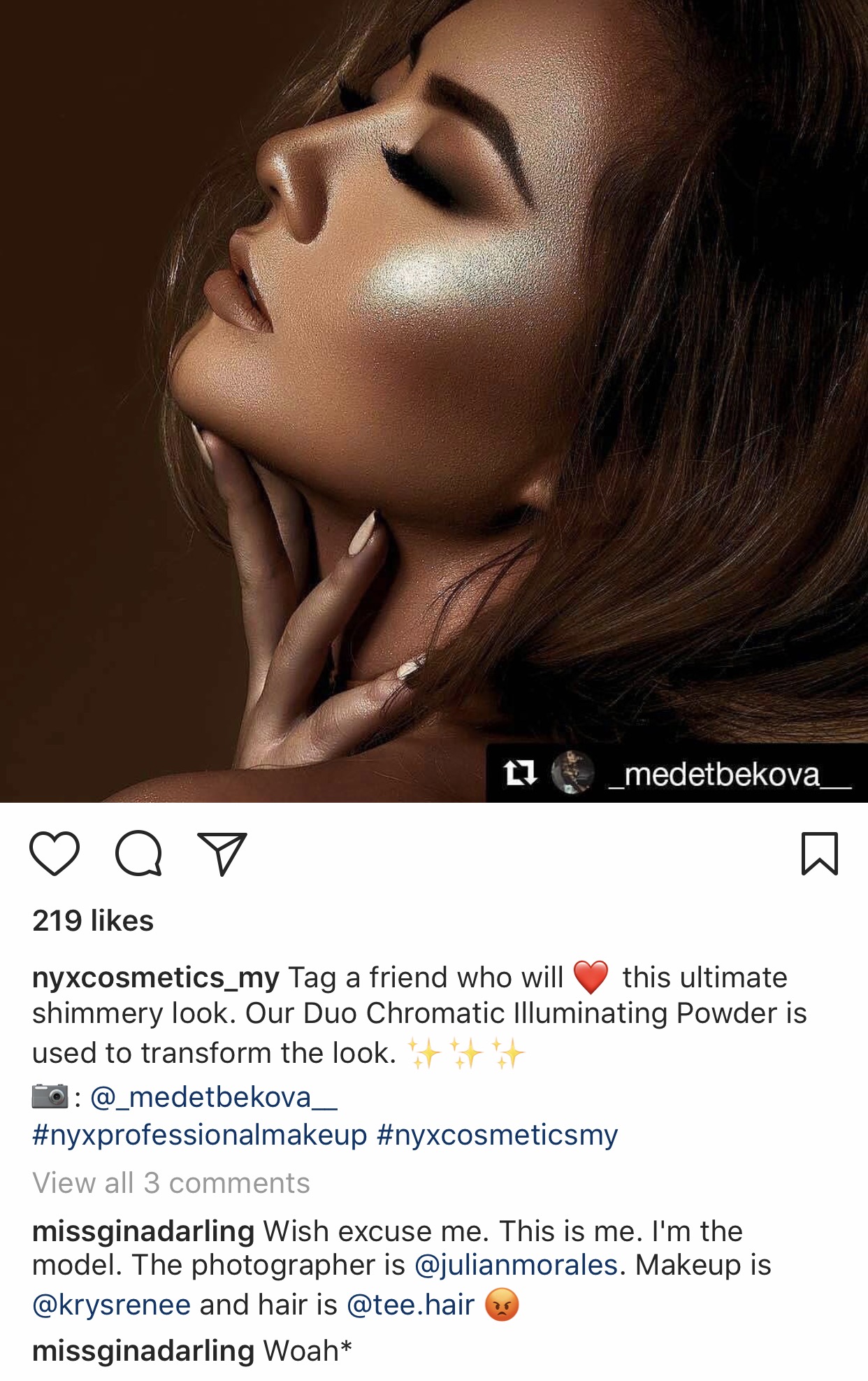 liars - beauty - ti _medetbekova Q y 219 nyxcosmetics_my Tag a friend who will this ultimate shimmery look. Our Duo Chromatic Illuminating Powder is used to transform the look. View all 3 missginadarling Wish excuse me. This is me. I'm the model. The phot