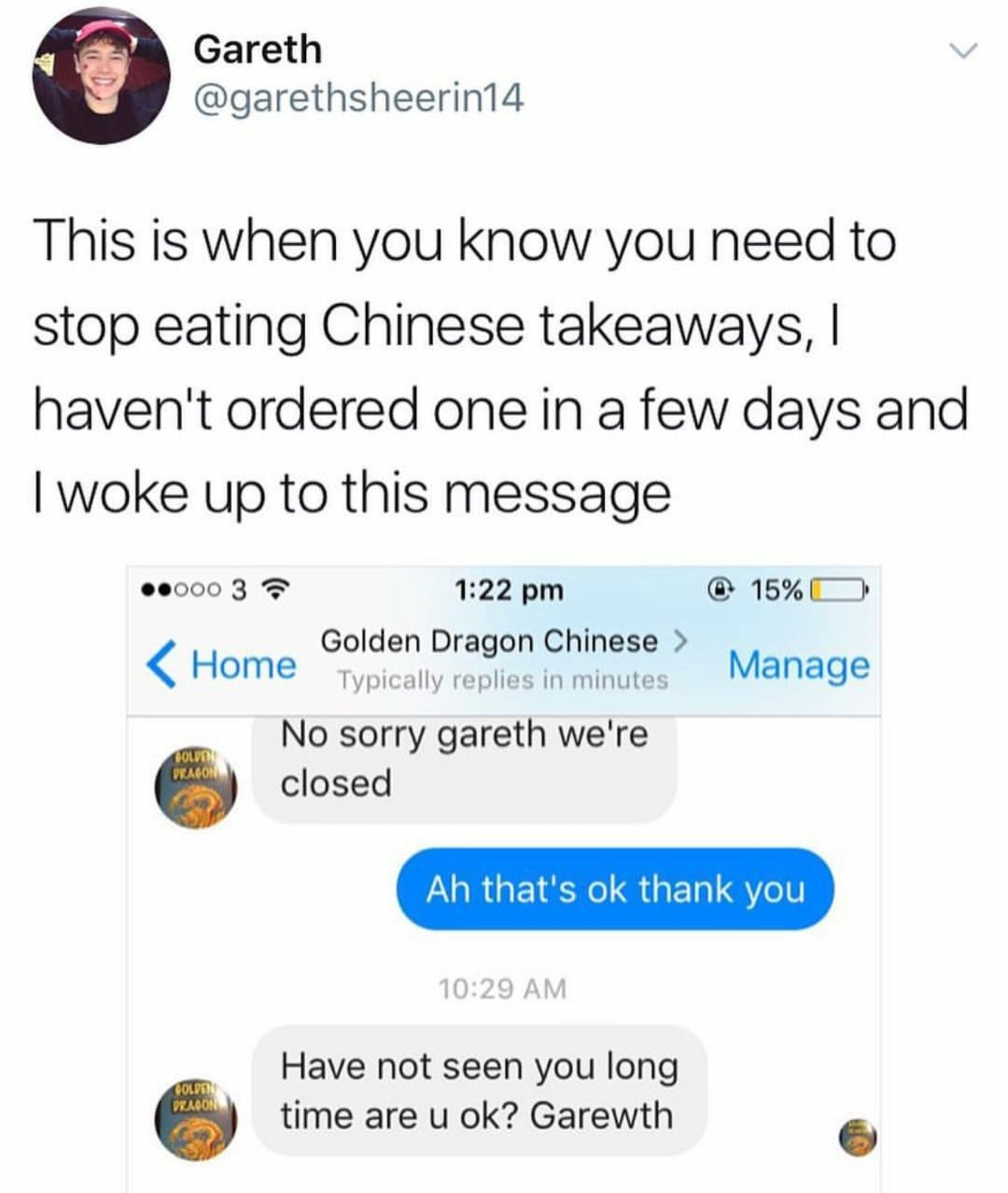 Chinese takeaway place checks in on customer