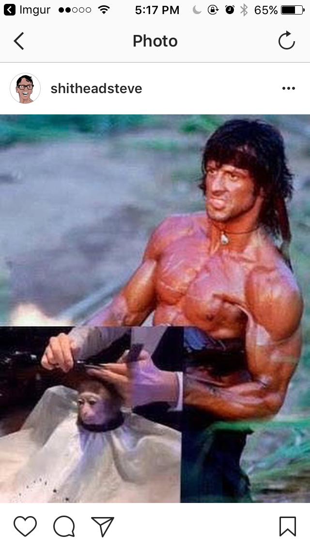 Rambo photoshopped to look like he is giving an aggressive haircut to a monkey.