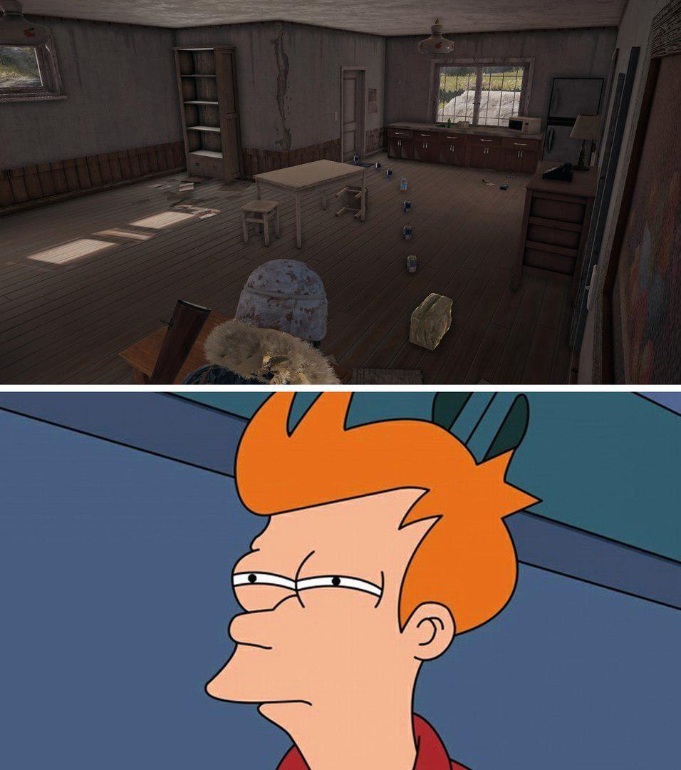 Fry suspicious of video game with cans leading way into a room.