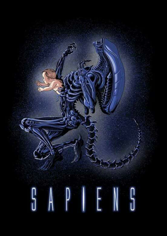 Alien xenomorph with human coming out of it, with title SAPIENS