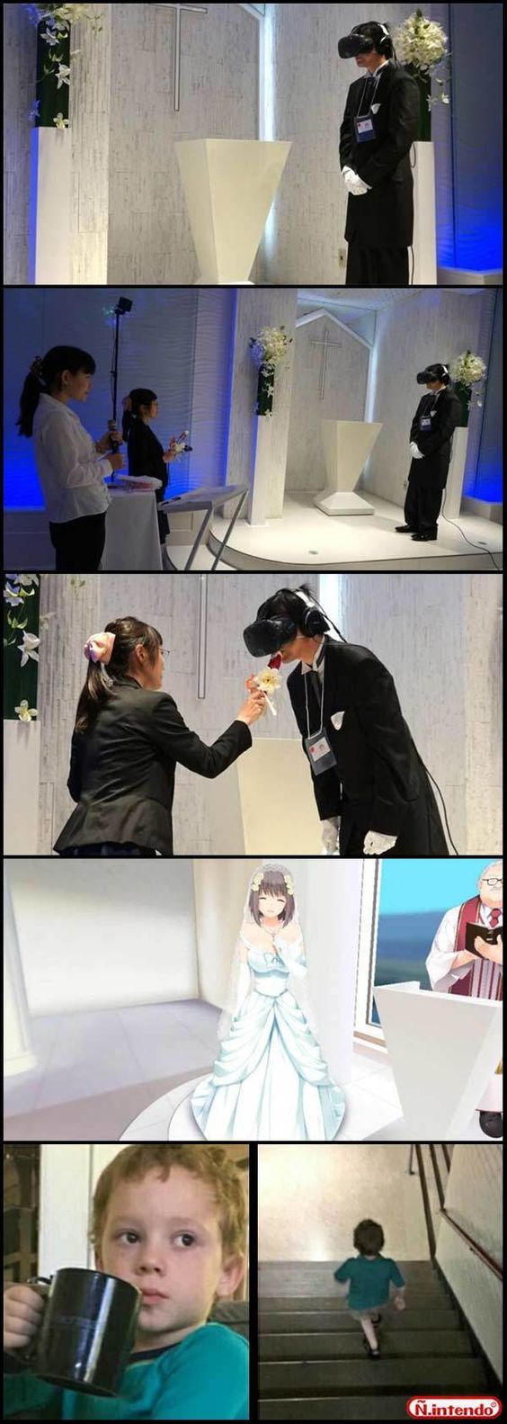 Japanese man getting married to virtual cartoon girl, kid watching it leaves