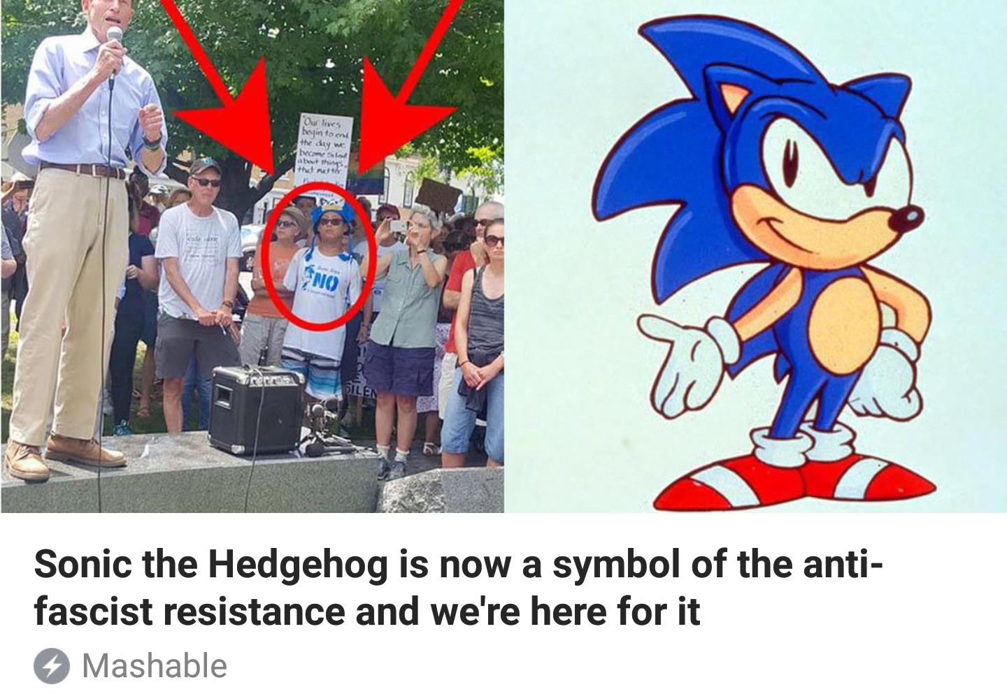 Man at a protest dressed as Sonic the Hedgehog