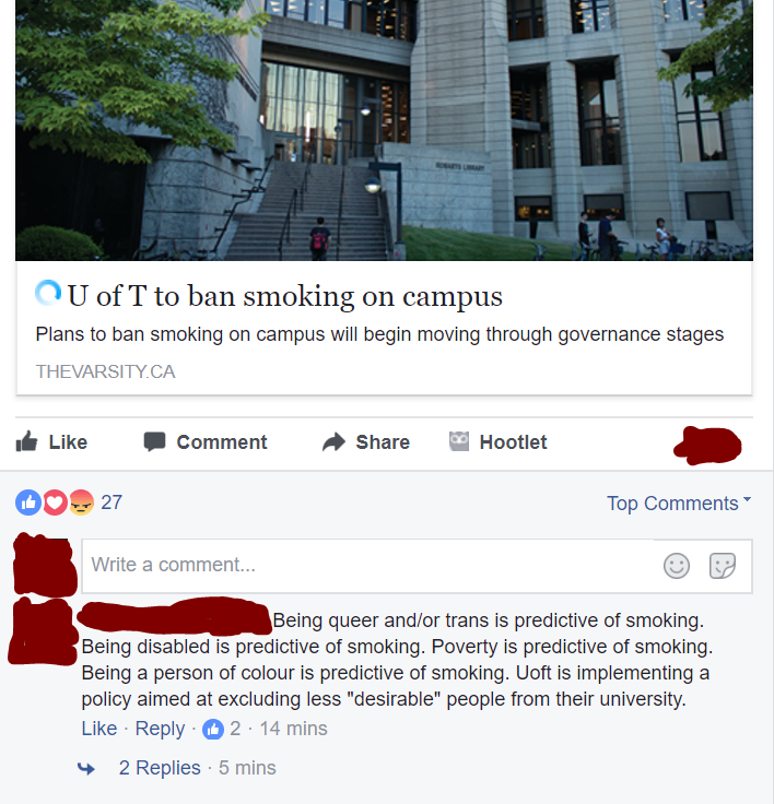 U of T to forbid smoking on campus and someone is offended because they view this as an attack on minorities.