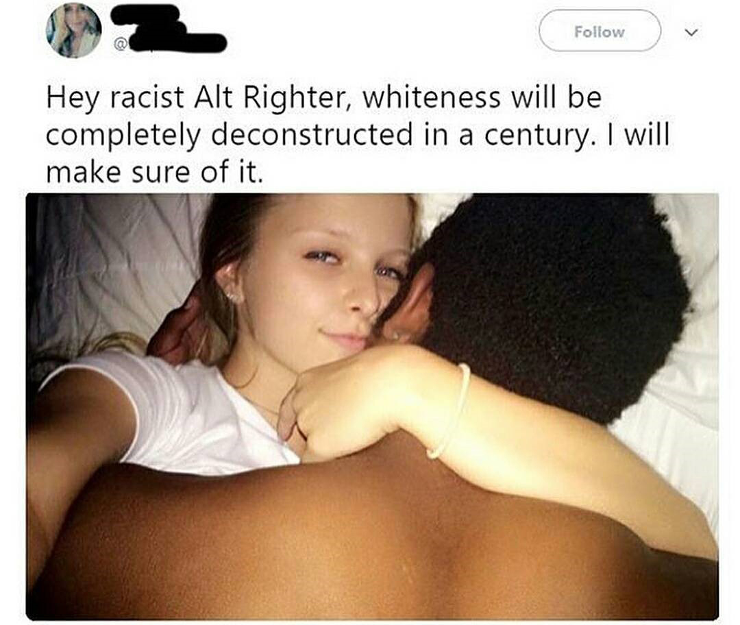 Woman in bed with black man and some cringeworthy comments about breeding out her alt-righter whiteness