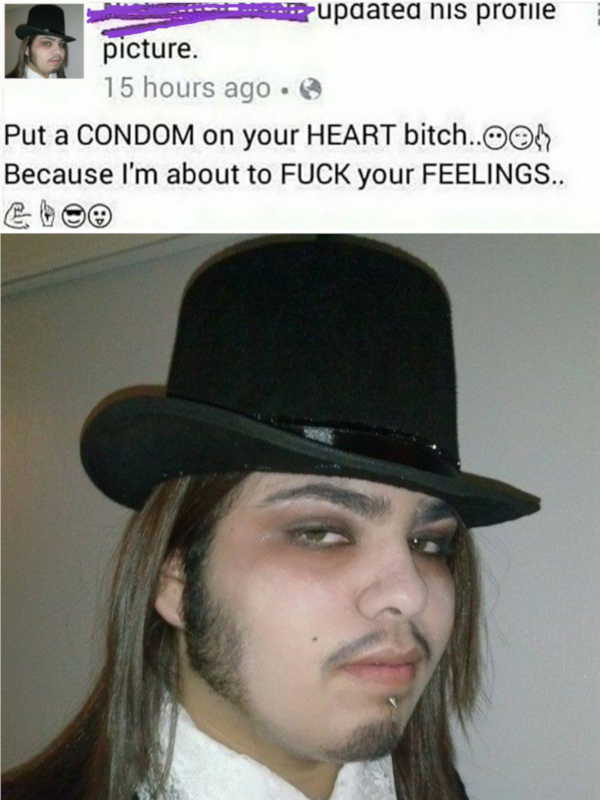 Cringeworthy man with strange facial hair and worse hat