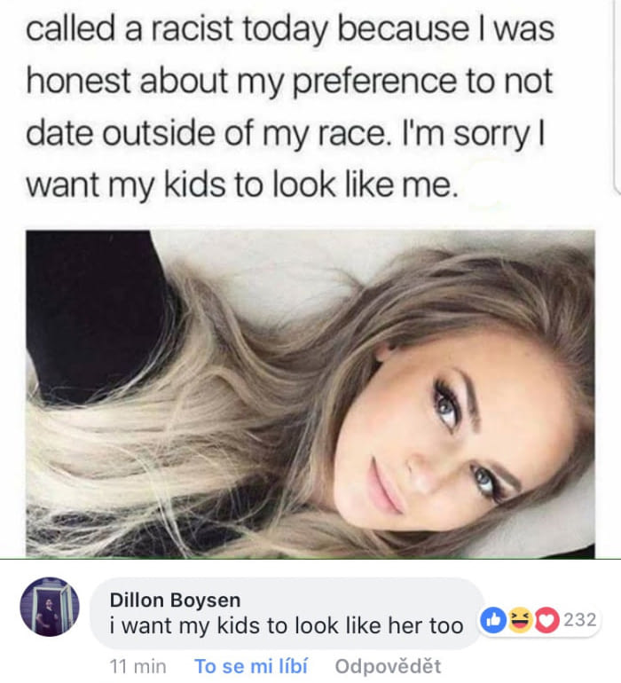 ovaries meme - called a racist today because I was honest about my preference to not date outside of my race. I'm sorry | want my kids to look me. Dillon Boysen i want my kids to look her too 11 min To se mi lb Odpovdt 232