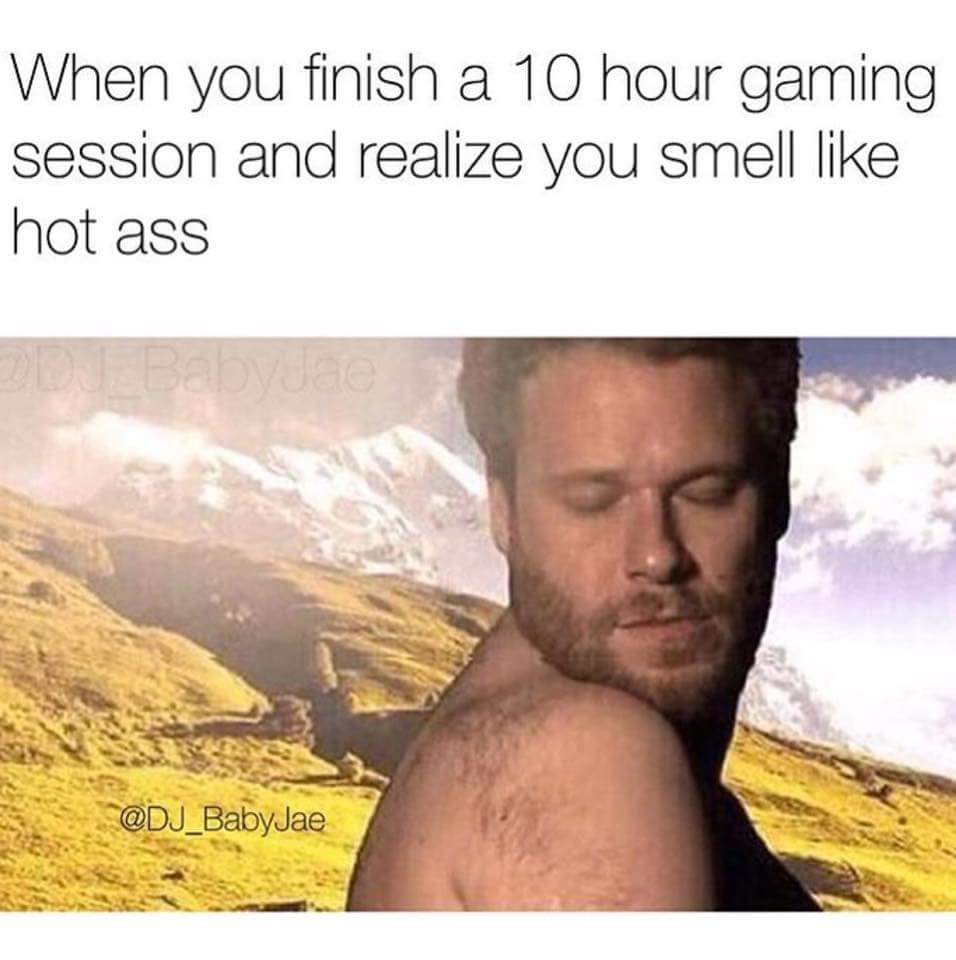 Meme with Seth Rogen about how it feels when you had a 10 hour gaming session and need a shower.