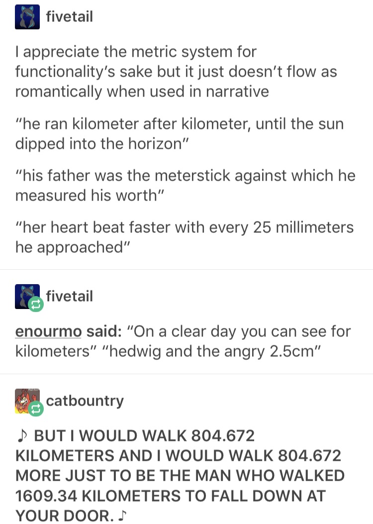 document - fivetail I appreciate the metric system for functionality's sake but it just doesn't flow as romantically when used in narrative "he ran kilometer after kilometer, until the sun dipped into the horizon" "his father was the meterstick against wh
