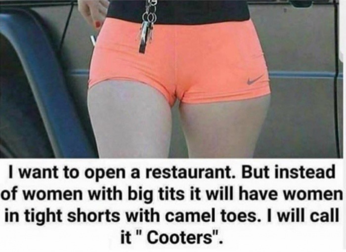 hooter cooter - I want to open a restaurant. But instead of women with big tits it will have women in tight shorts with camel toes. I will call it " Cooters".