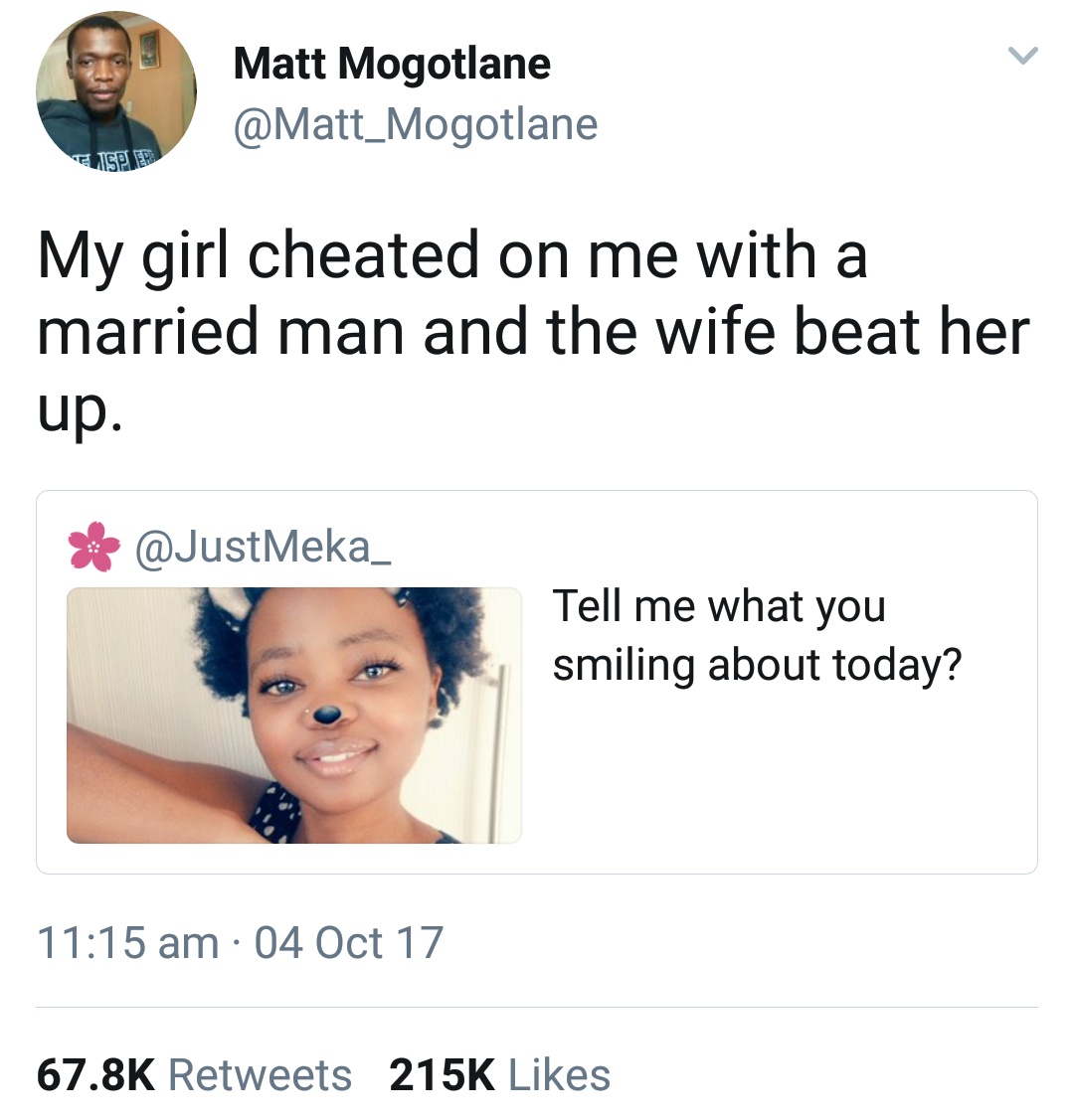 girls liking married man - Matt Mogotlane Eltsper My girl cheated on me with a married man and the wife beat her up. Tell me what you smiling about today? 04 Oct 17