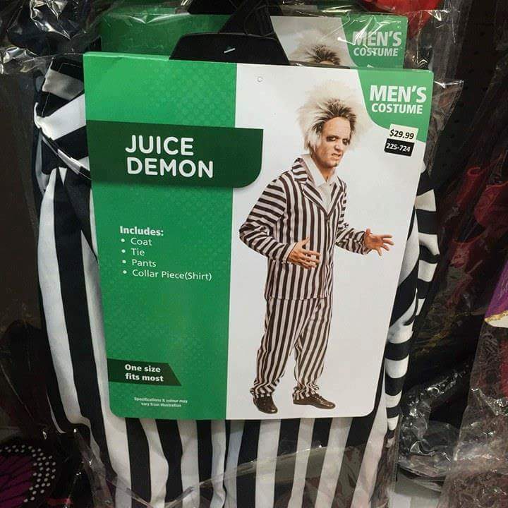 funny picture of a Beetlejuice costume with funny translation to Juice Demon