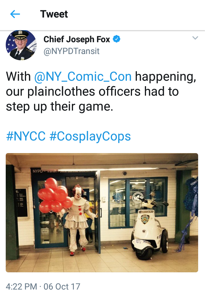 New York Comic Con meme about cops stepping up their game and dressing as scary clowns