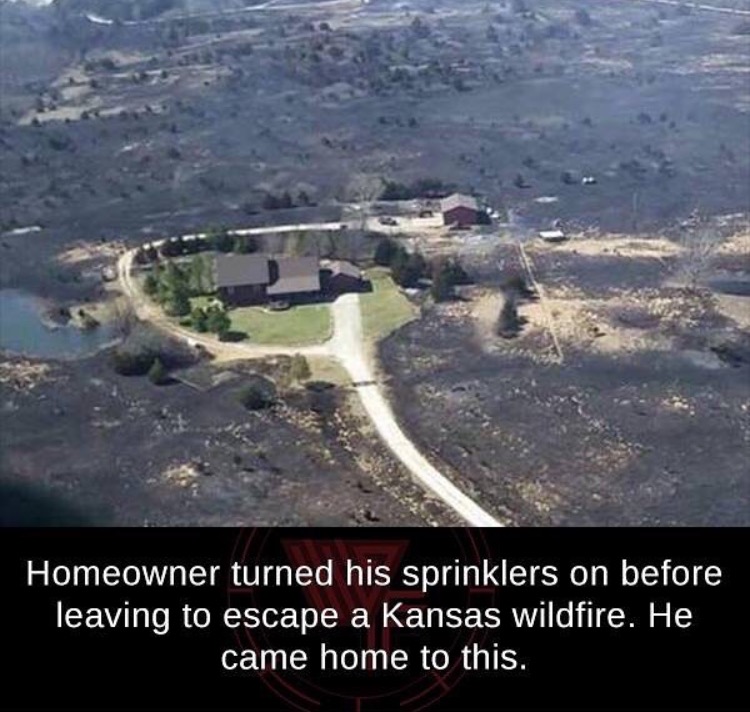 man leaves sprinklers on during wildfire - Homeowner turned his sprinklers on before leaving to escape a Kansas wildfire. He came home to this.