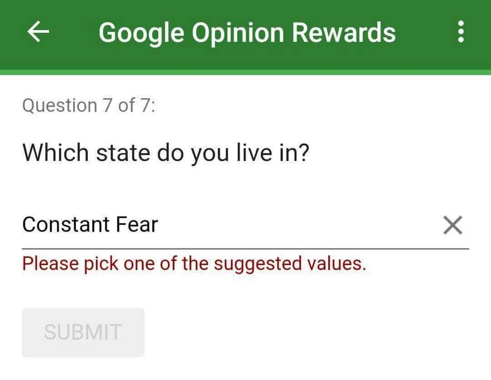 mhfa poster - f Google Opinion Rewards ! Question 7 of 7 Which state do you live in? Constant Fear Please pick one of the suggested values. Submit