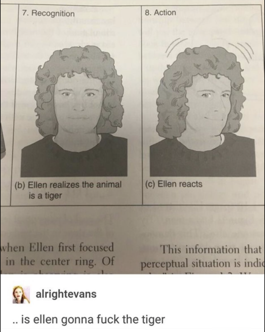 ellen reacts to tiger - 7. Recognition 8. Action c Ellen reacts b Ellen realizes the animal is a tiger when Ellen first focused in the center ring. Of This information that perceptual situation is indid alrightevans .. is ellen gonna fuck the tiger