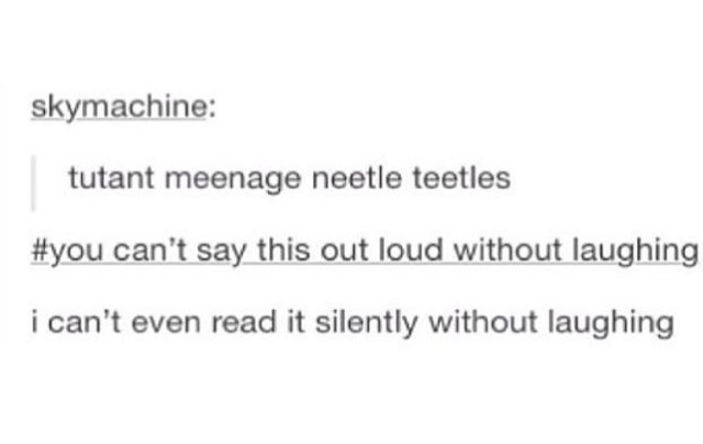 teenage mutant needle teedles - skymachine tutant meenage neetle teetles can't say this out loud without laughing i can't even read it silently without laughing
