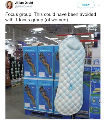 pool float maxi pad - Jillian David David13 Focus group. This could have been avoided with 1 focus group of women.