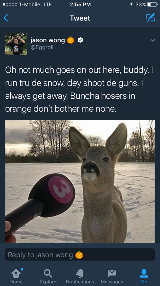 deer interview meme - .0000 TMobile Lte 1 33%O Tweet jason wong Oh not much goes on out here, buddy. I run tru de snow, dey shoot de guns. I always get away. Buncha hosers in orange don't bother me none. to jason wong Home Explore Notifications Messages M