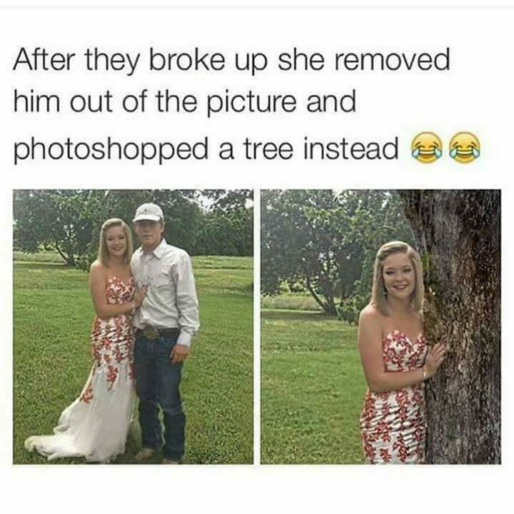 funny photoshop ex - After they broke up she removed him out of the picture and photoshopped a tree instead