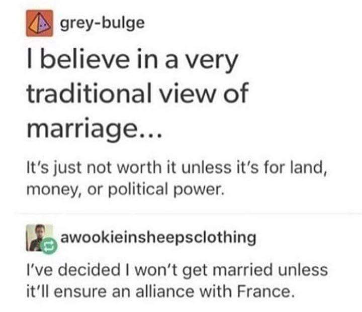 diagram - greybulge I believe in a very traditional view of marriage... It's just not worth it unless it's for land, money, or political power. awookieinsheepsclothing I've decided I won't get married unless it'll ensure an alliance with France.