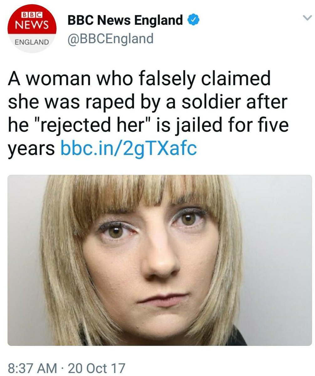 woman long prison sentence - Bbc News Bbc News England England A woman who falsely claimed she was raped by a soldier after he "rejected her" is jailed for five years bbc.in29TXafc 20 Oct 17