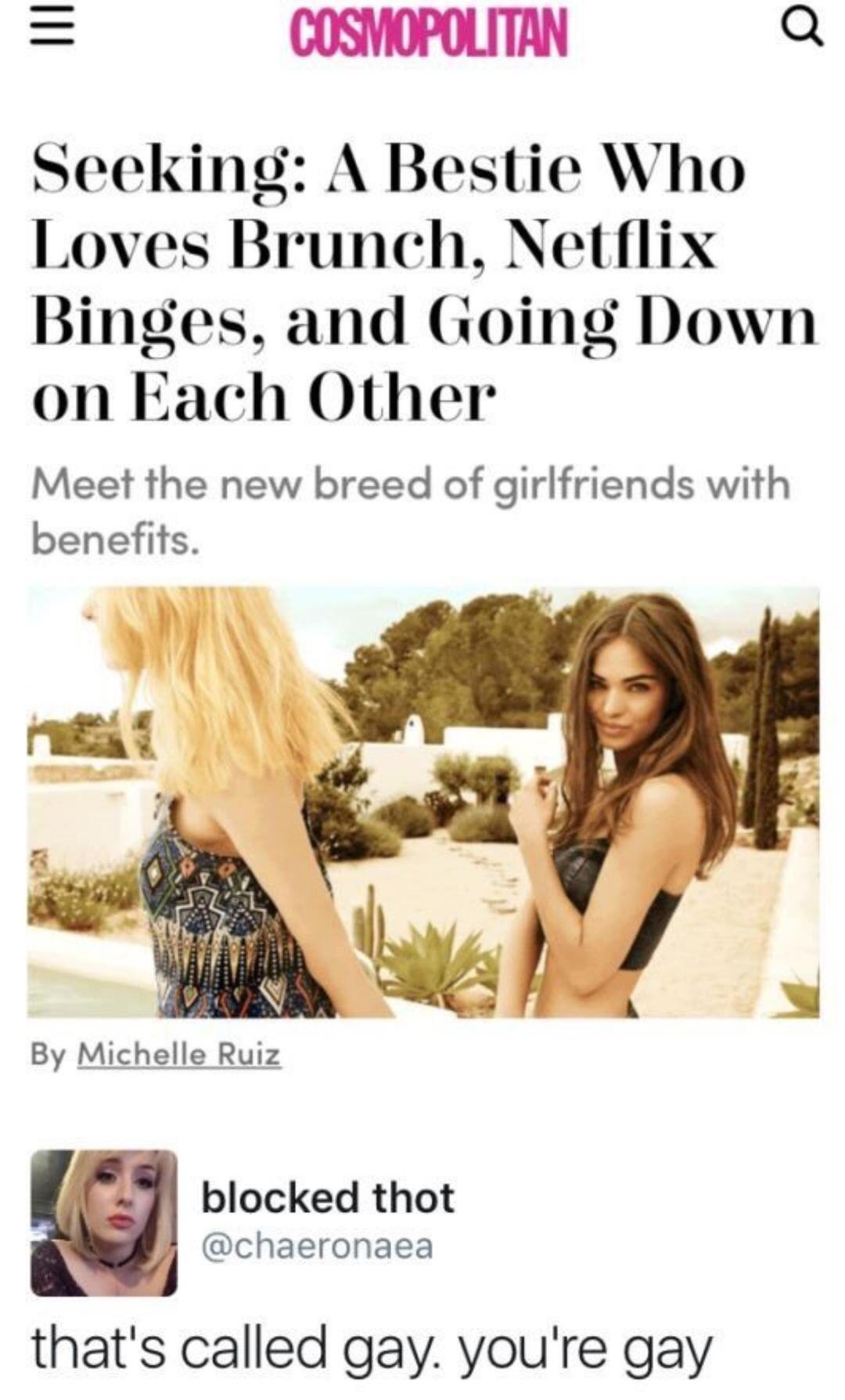 thats gay you re gay - Cosimopolitan Seeking A Bestie Who Loves Brunch, Netflix Binges, and Going Down on Each Other Meet the new breed of girlfriends with benefits. By Michelle Ruiz R ache blocked thot that's called gay. you're gay