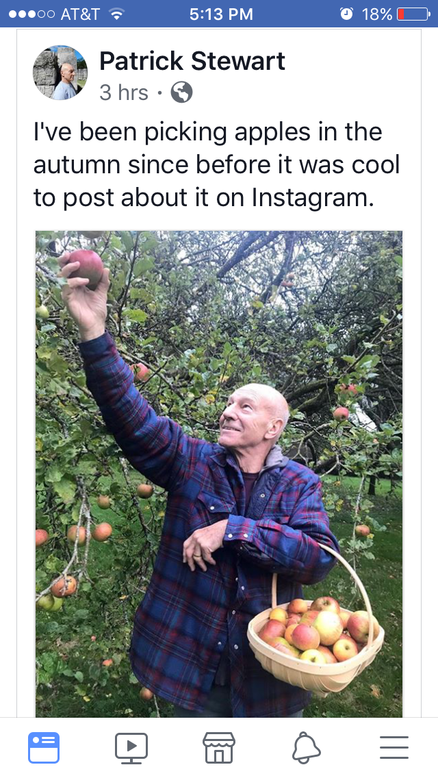 patrick stewart photoshop - 6.00 At&T. 18% Patrick Stewart 3 hrs. I've been picking apples in the autumn since before it was cool to post about it on Instagram.