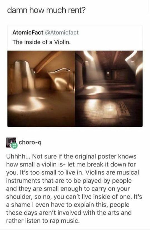 naher an der klassik - damn how much rent? Atomic Fact The inside of a Violin. choroq Uhhhh... Not sure if the original poster knows how small a violin is let me break it down for you. It's too small to live in. Violins are musical instruments that are to