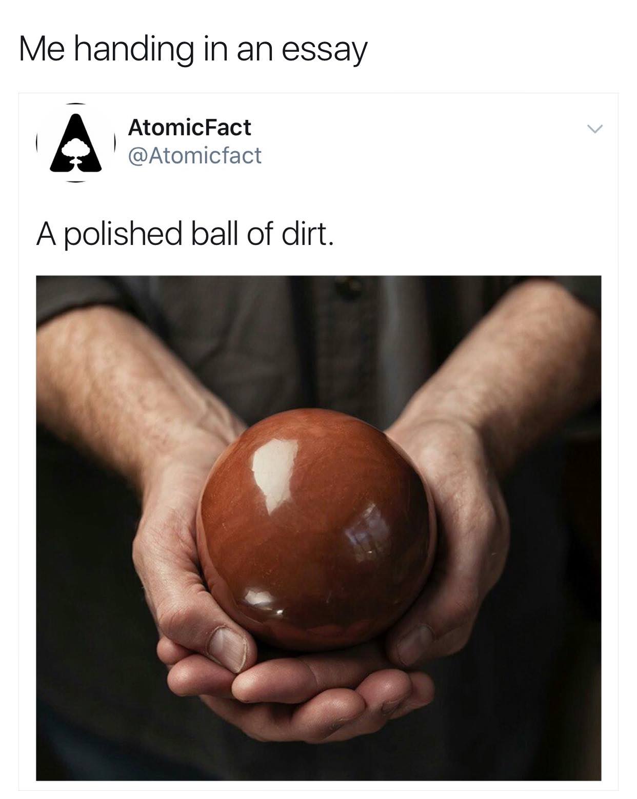 polished ball of dirt - Me handing in an essay Atomic Fact A polished ball of dirt.