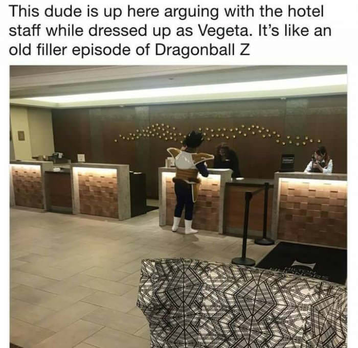 vegeta hotel - This dude is up here arguing with the hotel staff while dressed up as Vegeta. It's an old filler episode of Dragonball Z