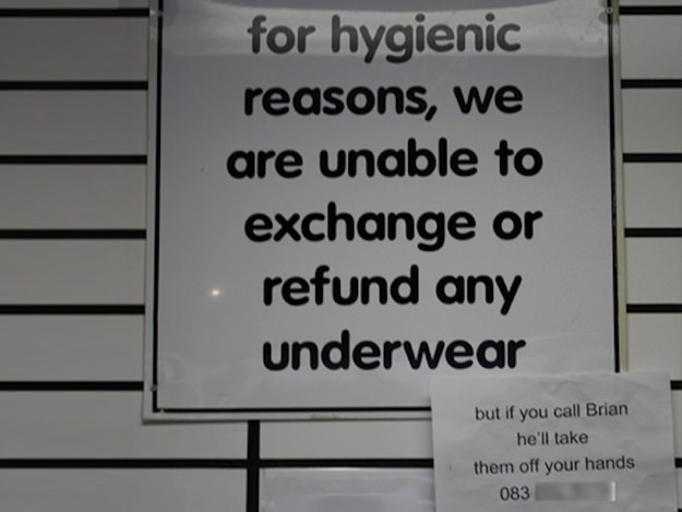 material - for hygienic reasons, we are unable to exchange or refund any underwear but if you call Brian he'll take them off your hands 083