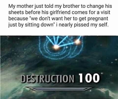 skyrim destruction meme - My mother just told my brother to change his sheets before his girlfriend comes for a visit because we don't want her to get pregnant just by sitting down" i nearly pissed my self. Destruction 100