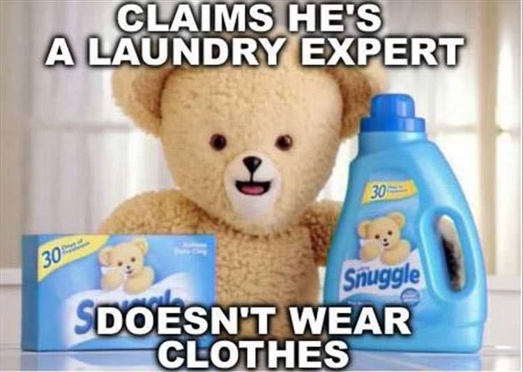 snuggle bear meme - Claims He'S A Laundry Expert Snuggle Sdoesn'T Wear Clothes