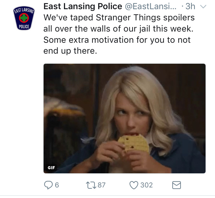 photo caption - East Lansing Police East Lansing Police ... 3h v We've taped Stranger Things spoilers all over the walls of our jail this week. Some extra motivation for you to not end up there. Gif D6 1787 ~ 302