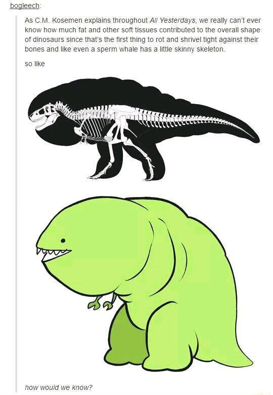 fat dinosaurs - bogleech As C.M. Kosemen explains throughout All Yesterdays, we really can't ever know how much fat and other soft tissues contributed to the overall shape of dinosaurs since that's the first thing to rot and shrivel tight against their bo