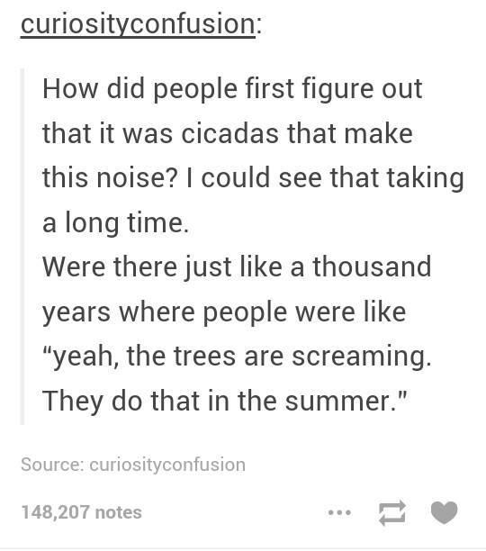 trees scream in the summer - curiosityconfusion How did people first figure out that it was cicadas that make this noise? I could see that taking a long time. Were there just a thousand years where people were "yeah, the trees are screaming. They do that 