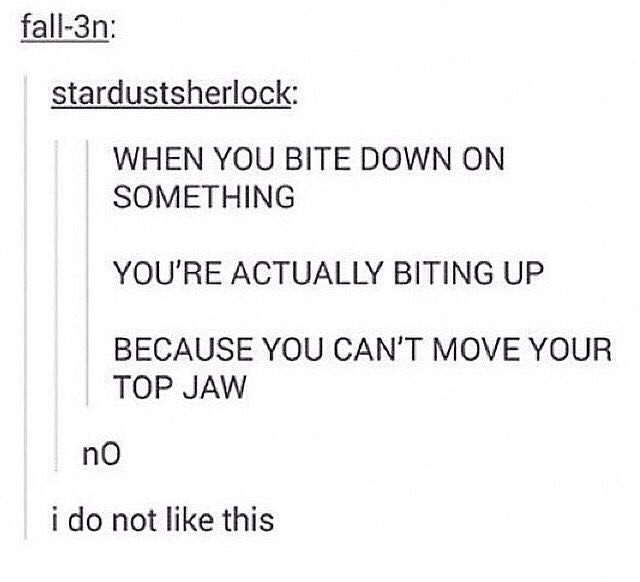 angle - fall3n stardustsherlock When You Bite Down On Something You'Re Actually Biting Up Because You Can'T Move Your Top Jaw no i do not this